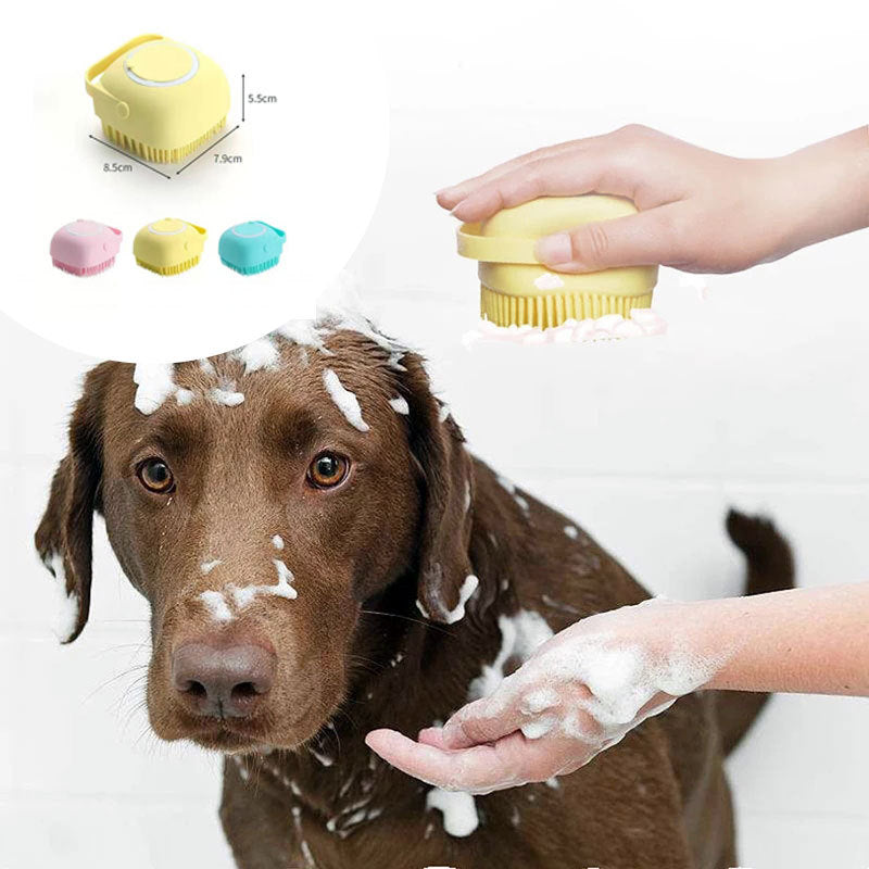 Dog Bath Brush – Silicone Grooming Gloves with Shampoo Dispenser